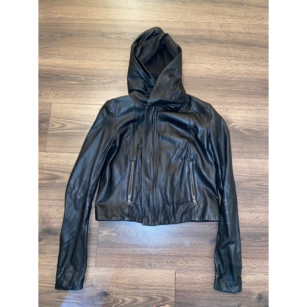 EUC Kenar Black Genuine Leather Hooded Jacket Women’s Cropped Moto Zip M